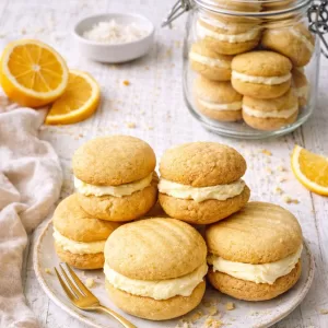 Australian yo-yo biscuits sandwiched with creamy orange buttercream, stacked on a plate with scattered crumbs, styled on a white timber table with a glass jar of extra biscuits, fresh orange slices and soft natural light.