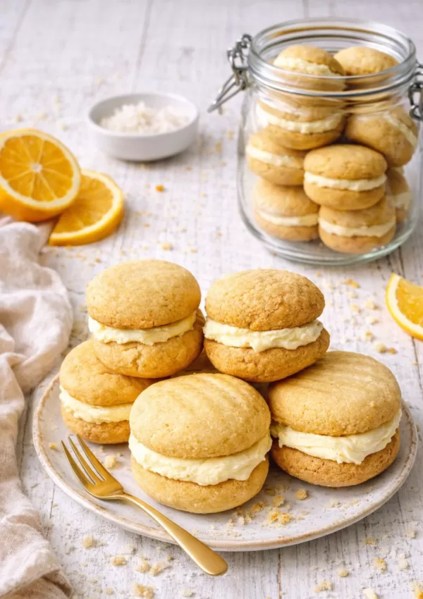 Australian yo-yo biscuits sandwiched with creamy orange buttercream, stacked on a plate with scattered crumbs, styled on a white timber table with a glass jar of extra biscuits, fresh orange slices and soft natural light.