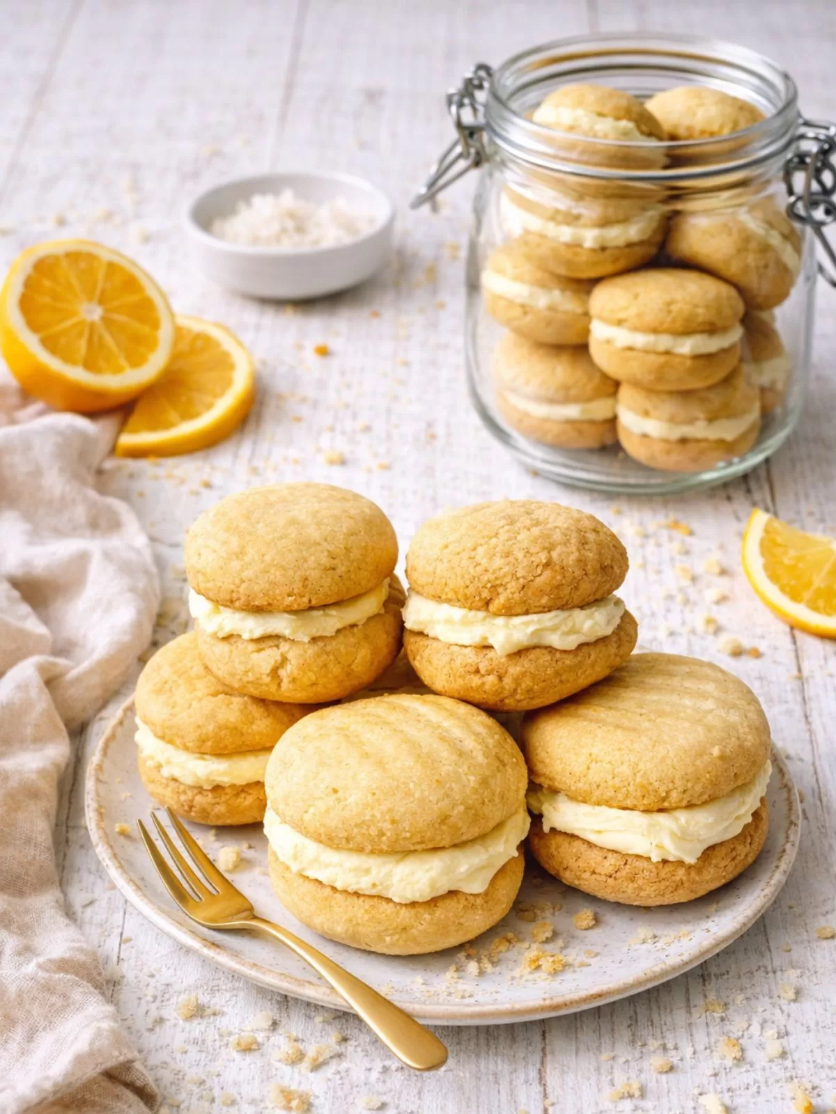 Australian yo-yo biscuits sandwiched with creamy orange buttercream, stacked on a plate with scattered crumbs, styled on a white timber table with a glass jar of extra biscuits, fresh orange slices and soft natural light.