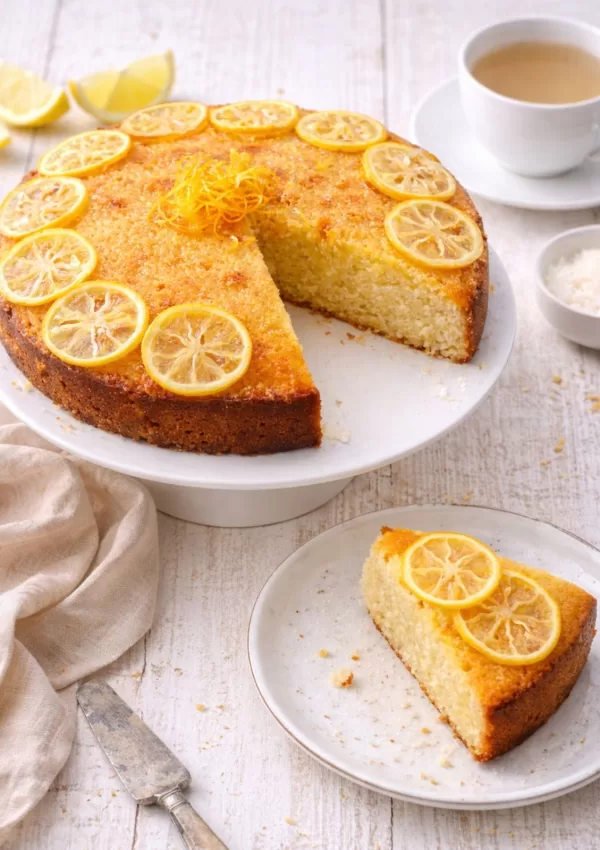 Lemon and coconut syrup cake on a white cake stand, topped with thin candied lemon slices and lemon zest, with one slice served on a plate, styled on a white timber table with a teacup, napkin and soft natural light.