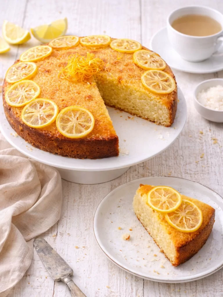 Lemon and coconut syrup cake on a white cake stand, topped with thin candied lemon slices and lemon zest, with one slice served on a plate, styled on a white timber table with a teacup, napkin and soft natural light.