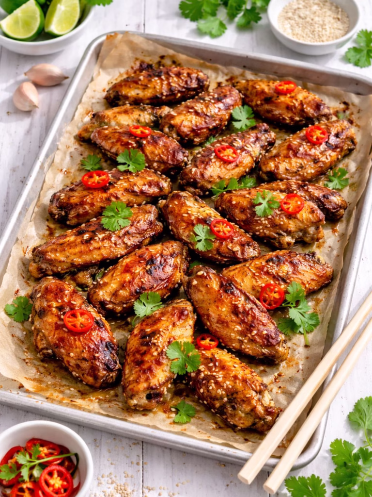 Sticky Asian chicken wings baked on a parchment lined tray, garnished with red chilli and coriander, with lime, garlic, and chopsticks on a white timber table.