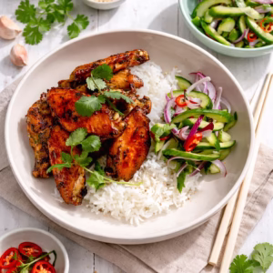 Bowl of sticky Asian chicken wings served with white rice and cucumber salad, garnished with coriander and red chilli, with lime, garlic, sesame seeds, and chopsticks on a white timber table.