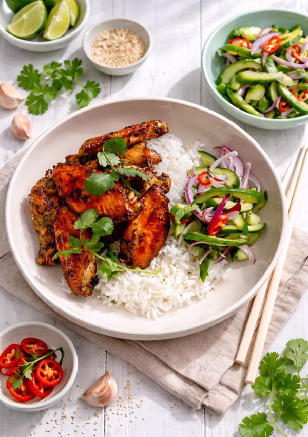 Bowl of sticky Asian chicken wings served with white rice and cucumber salad, garnished with coriander and red chilli, with lime, garlic, sesame seeds, and chopsticks on a white timber table.