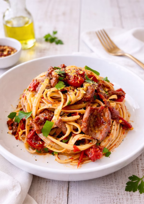 Chilli tomato squid linguine served in white bowl with parsley and lemon zest