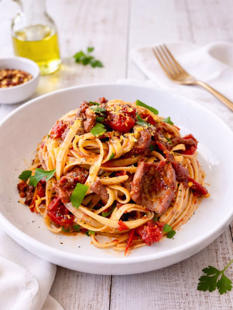 Chilli tomato squid linguine served in white bowl with parsley and lemon zest