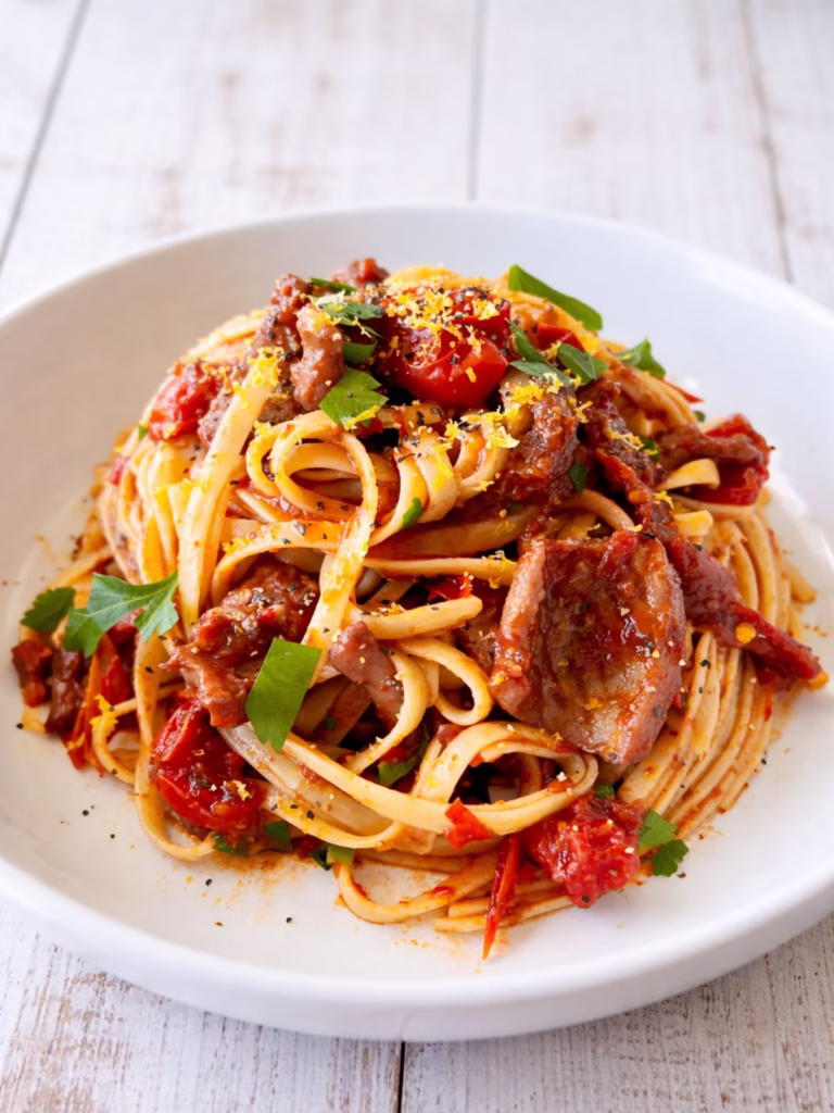 Close-up of tender slow-cooked squid in tomato and chilli pasta sauce