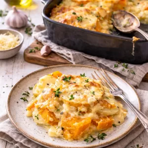 creamy poato and pumpkin bake on a plate with the dish in the backgorund.