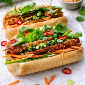 Crispy pork belly banh mi filled with crackly pork, pickled carrot, cucumber, herbs and sliced chilli in a crusty roll on a white timber surface in natural light.