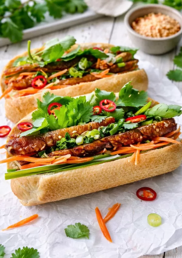 Crispy pork belly banh mi filled with crackly pork, pickled carrot, cucumber, herbs and sliced chilli in a crusty roll on a white timber surface in natural light.