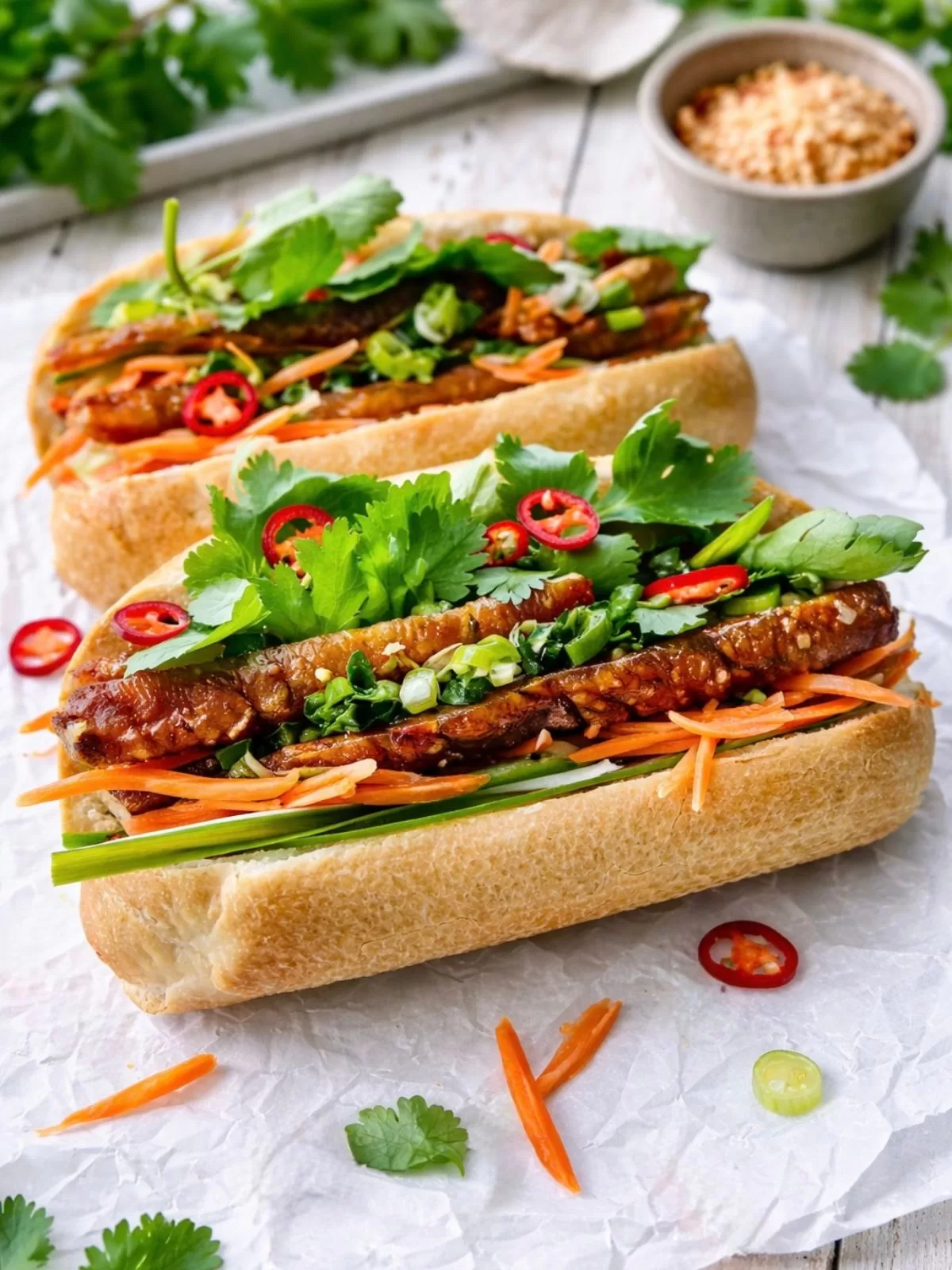 Crispy pork belly banh mi filled with crackly pork, pickled carrot, cucumber, herbs and sliced chilli in a crusty roll on a white timber surface in natural light.
