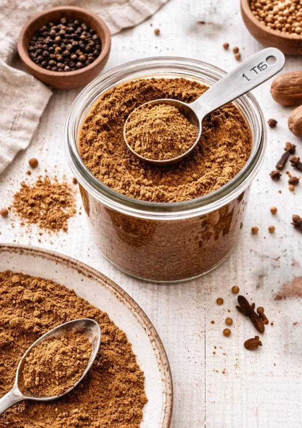 glass jar filled with 7 spice and spoon in it. spices around the outside.