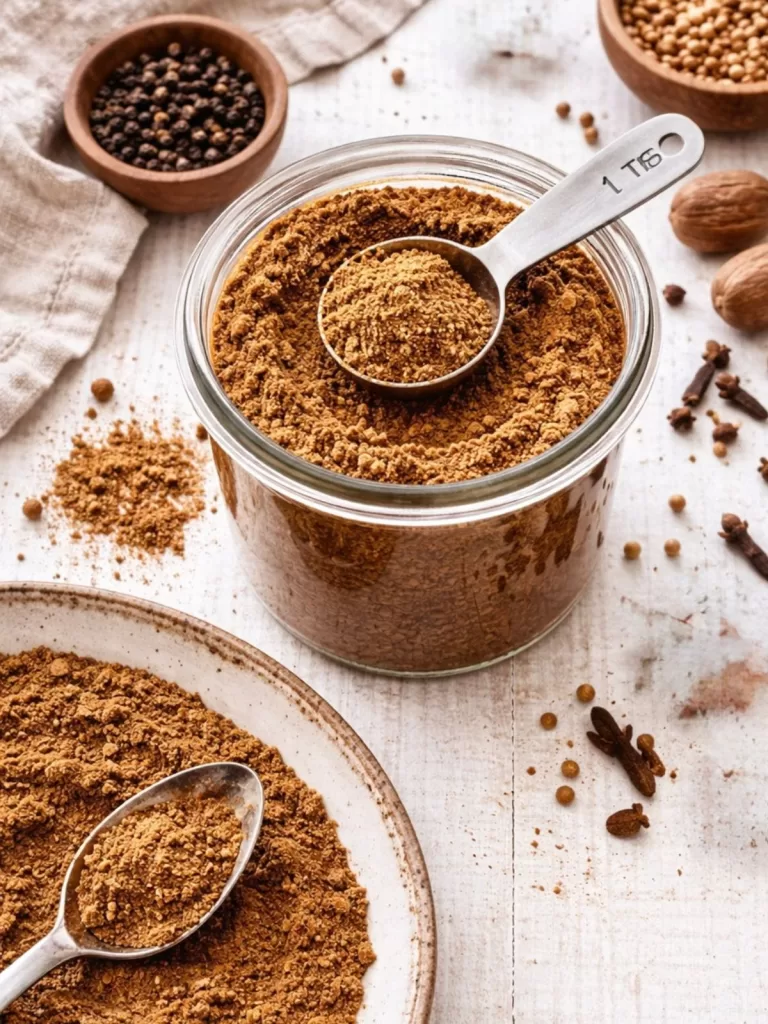 glass jar filled with 7 spice and spoon in it. spices around the outside.