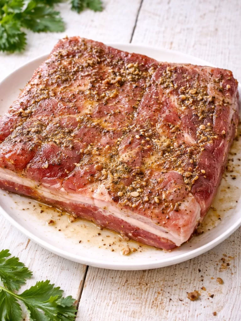 Marinated pork belly coated with spices and oil on a white plate set on a white timber surface, photographed in natural light.