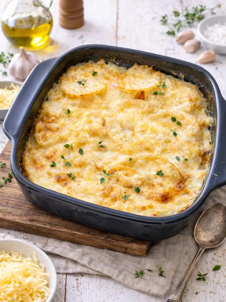 Creamy potato and pumpkin bake with a golden, bubbly cheese topping in a dark ceramic dish, sitting on a wooden board over a white timber table, styled with grated cheese, garlic cloves, olive oil, seasoning bowls, scattered thyme leaves, and a vintage spoon.