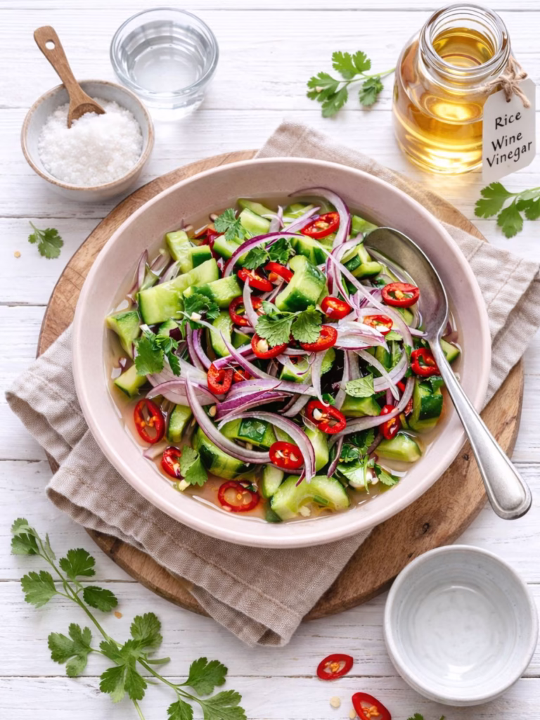 Quick pickled Asian cucumber salad in a bowl with chilli and coriander