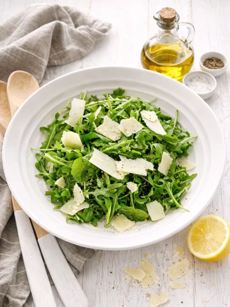 Arugula salad with shaved Parmesan in a white bowl on a white timber background, styled with olive oil, lemon, and wooden salad servers.
