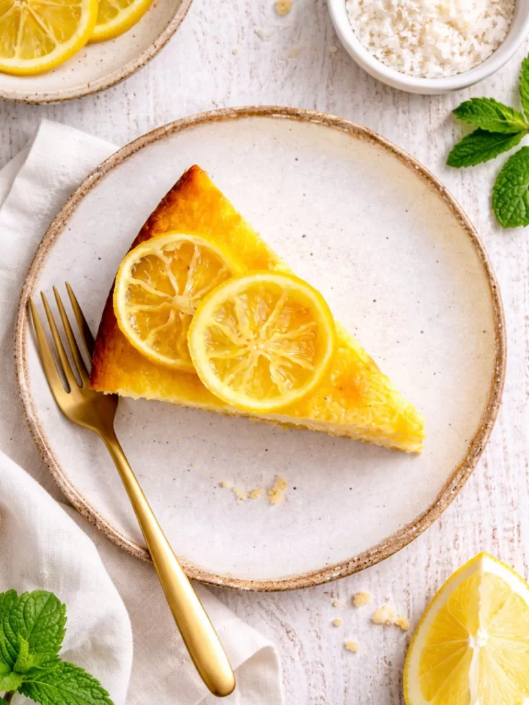 Slice of lemon and coconut syrup cake topped with two thin lemon slices on a ceramic plate, styled as an overhead table setting with a cake fork, napkin, fresh lemon, coconut and mint on a light timber background.