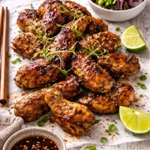 Sticky Asian chicken wings glazed with hoisin sauce on a baking paper over a white timber background, served with cucumber salad, lime halves, sesame seeds and dipping sauce in bright natural light.