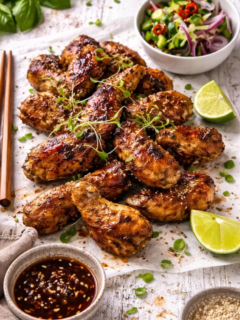 Sticky Asian chicken wings glazed with hoisin sauce on a tray over a white timber background, served with cucumber salad, lime halves, sesame seeds and dipping sauce in bright natural light.