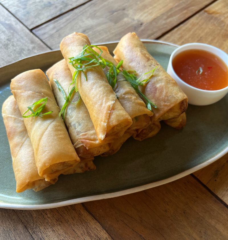 CHICKEN AND HAM SPRING ROLLS ON PLATE with sweet and sour sauce and garnished with spring onions