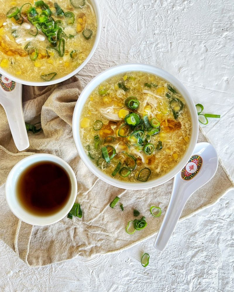 Chicken & Corn Soup in bowls with tea