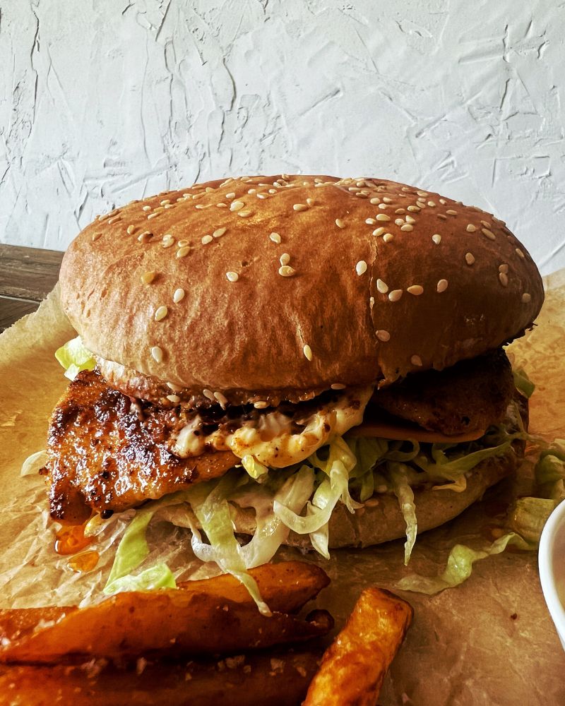 Portuguese Chicken Burger with chips