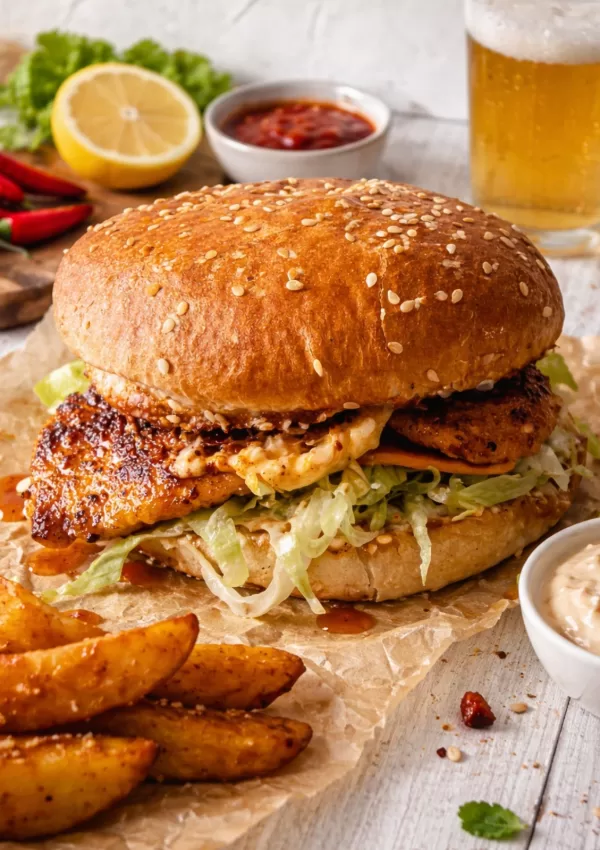 Portuguese chicken burger with spicy grilled chicken, lettuce and creamy sauce in a sesame bun, served with potato wedges and dipping sauce on a white timber background.