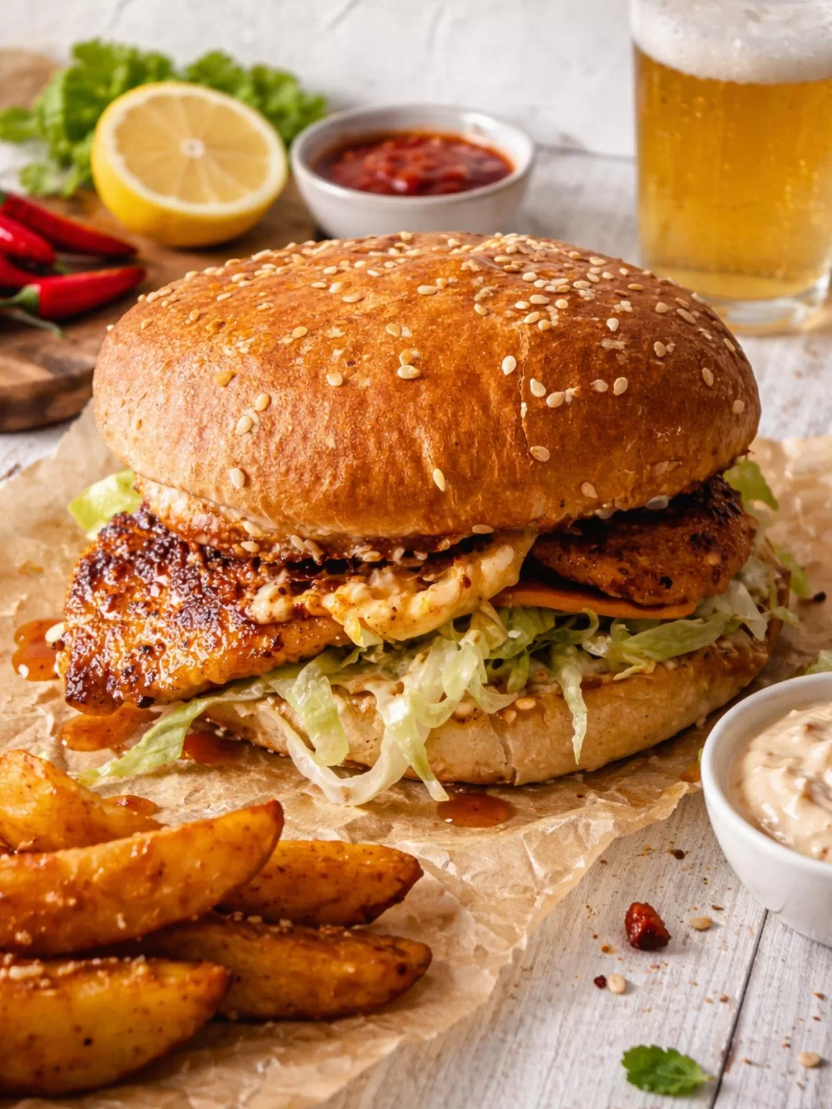 Portuguese chicken burger with spicy grilled chicken, lettuce and creamy sauce in a sesame bun, served with potato wedges and dipping sauce on a white timber background.