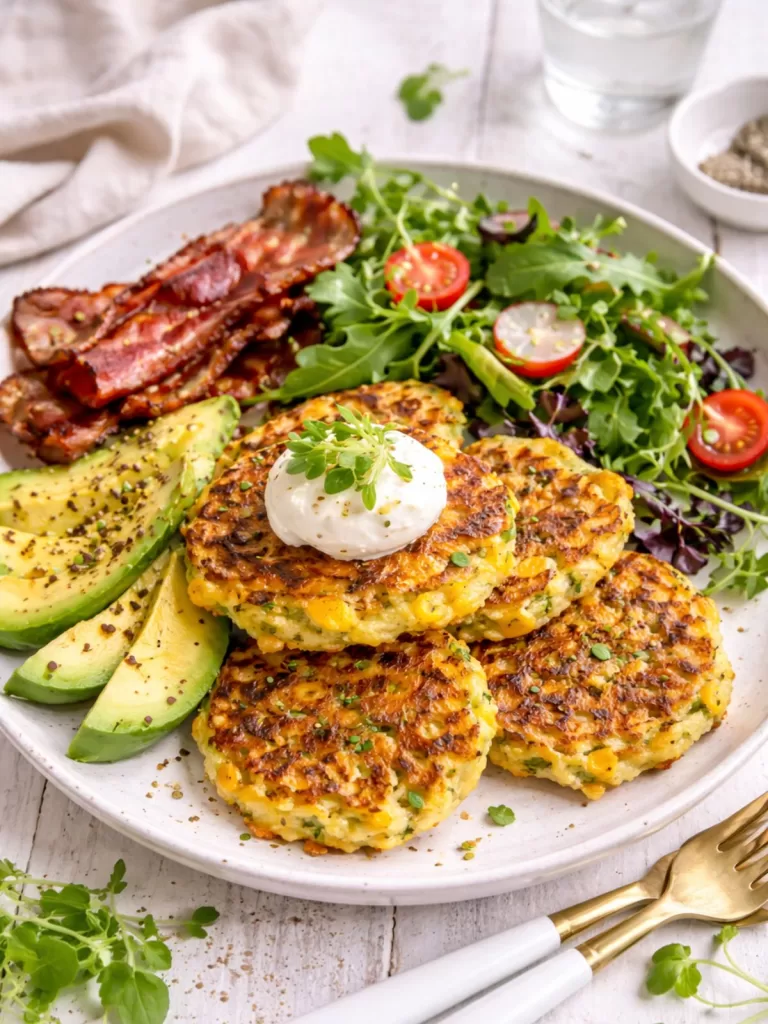 Zucchini and sweet corn fritters on a plate with crispy bacon, sliced avocado and mixed salad on a white timber background.