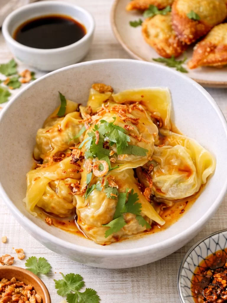 Close-up of pork and prawn wontons in a bowl, drizzled with sauce and topped with crispy shallots and coriander, on a white timber background with small dipping bowls and garnishes nearby.