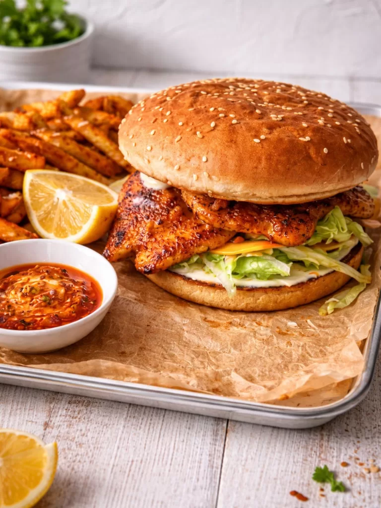 Portuguese chicken burger with grilled spicy chicken, lettuce and sauce in a sesame bun, served with seasoned fries and chilli mayo on a white timber background.
