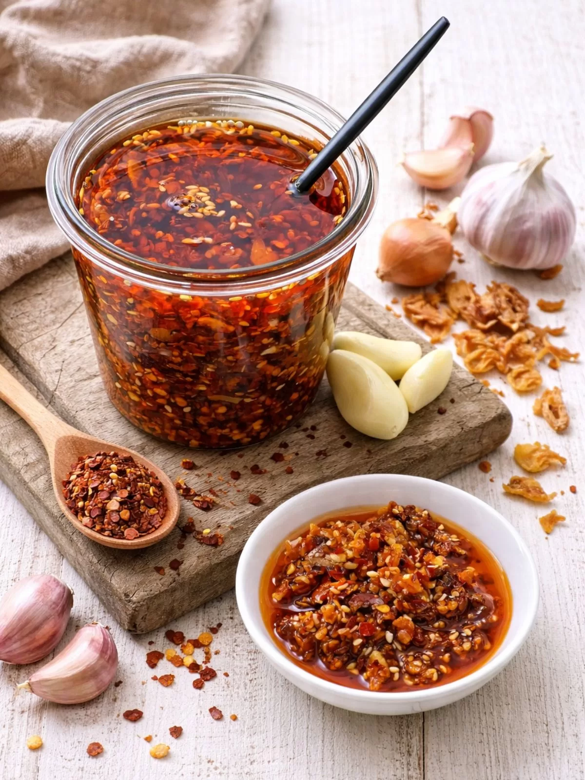 Close-up hero shot of a jar of chilli garlic crisp oil filled with red chilli flakes, garlic and sesame seeds in rich red oil, styled on a white timber surface with scattered chilli flakes, garlic cloves, crispy shallots and a small bowl of chilli oil in bright natural light.