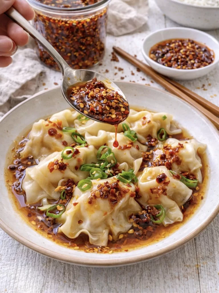 hand spooning chilli garlic crisp oil over dumplings in a white bowl.