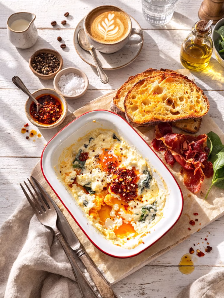 Creamy baked eggs with spinach and chilli oil in a white and red baking dish on a white timber table, served with toasted sourdough, prosciutto, a latte, knife and fork, small bowls of salt and pepper, olive oil, and a linen napkin in natural light.