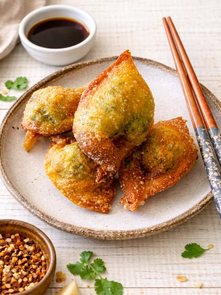 Crispy golden fried wontons on a ceramic plate with chopsticks and dipping sauce on a white timber background in natural light.