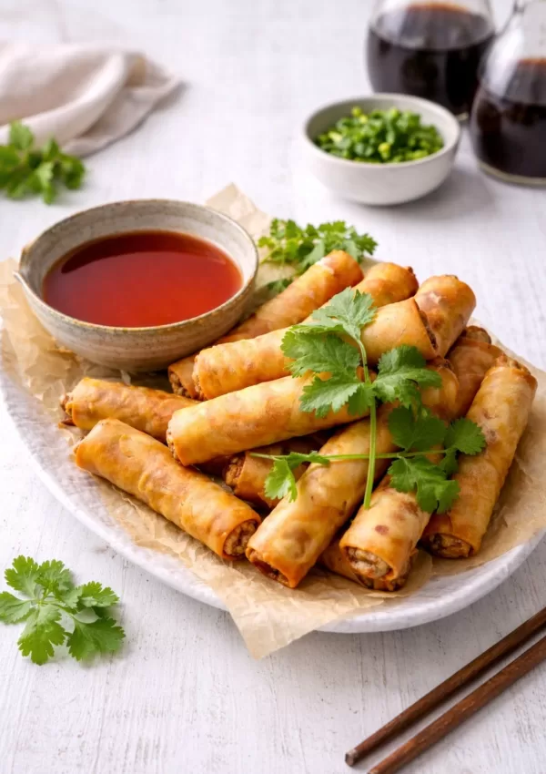 Golden ham and chicken spring rolls on a plate with dipping sauce, garnished with fresh coriander, on a white timber background.
