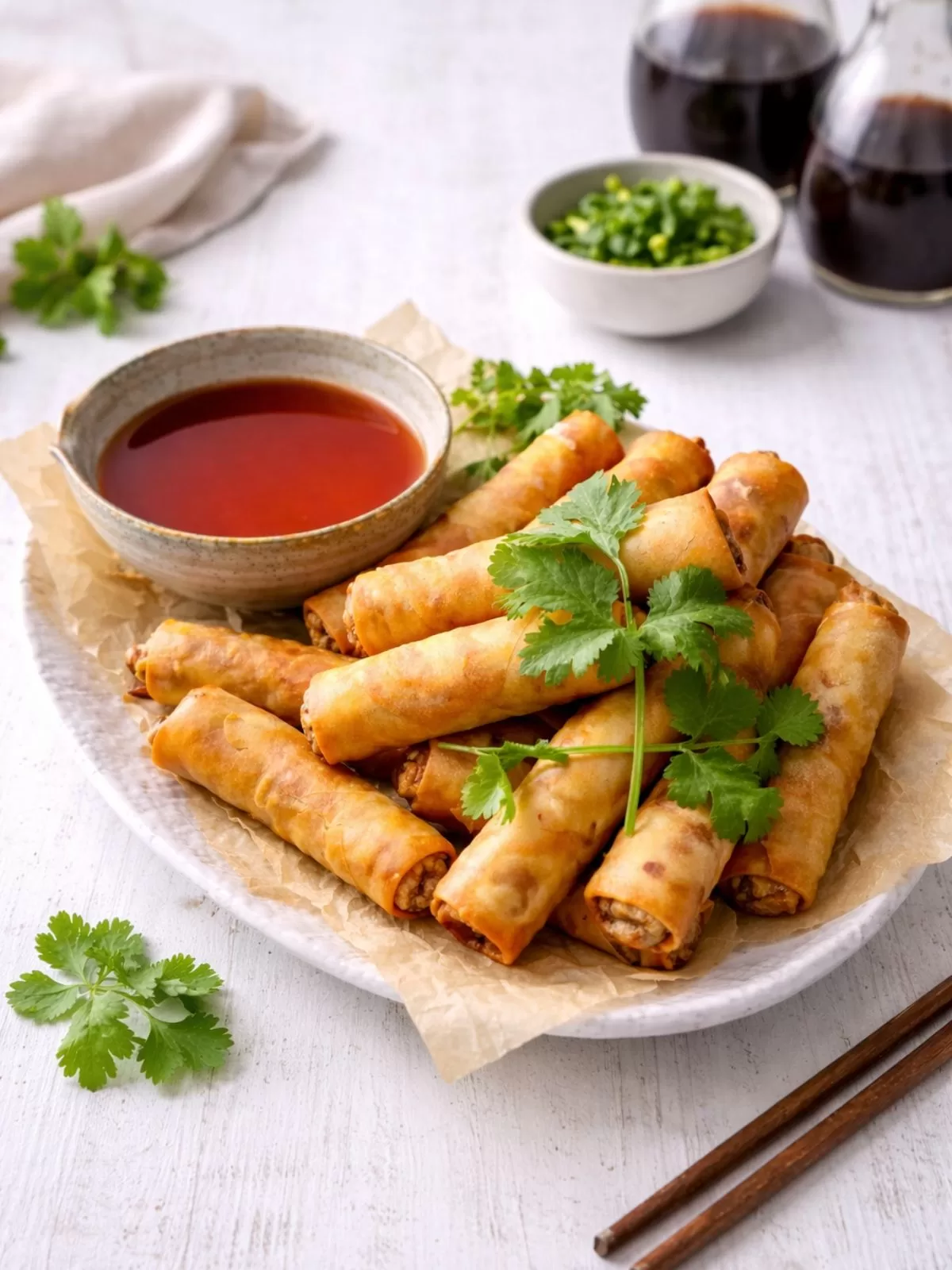 Golden ham and chicken spring rolls on a plate with dipping sauce, garnished with fresh coriander, on a white timber background.