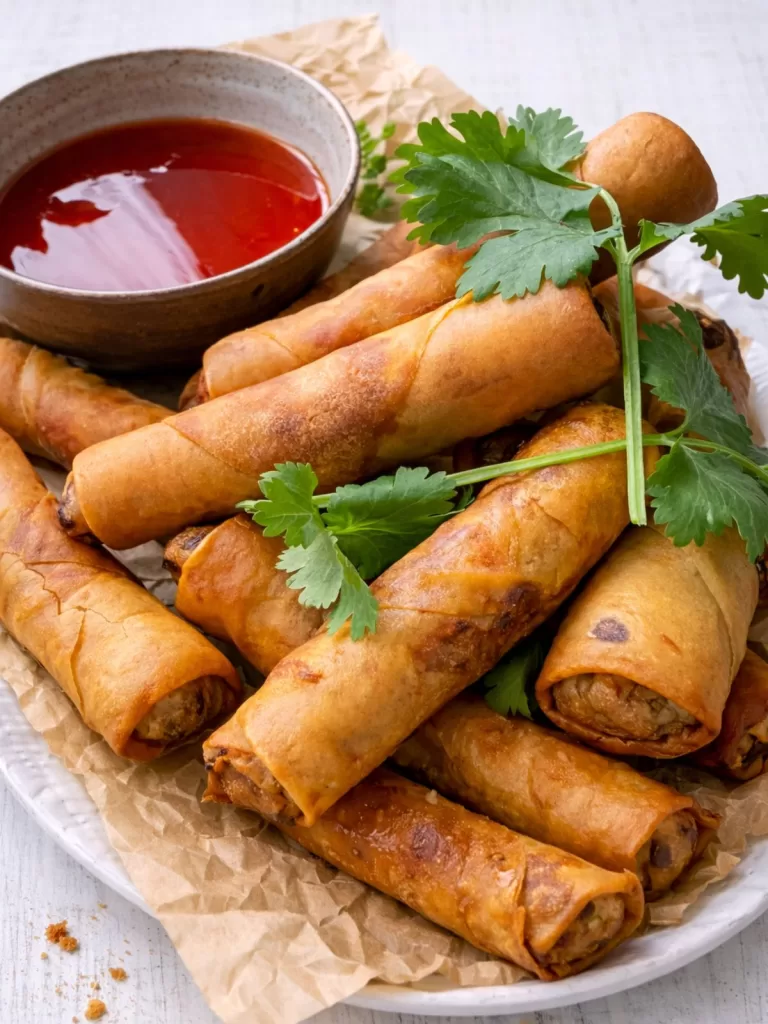 Crispy golden spring rolls cooling on a wire rack over a tray on a white timber surface, with crumbs and tongs for a casual, messy kitchen scene.