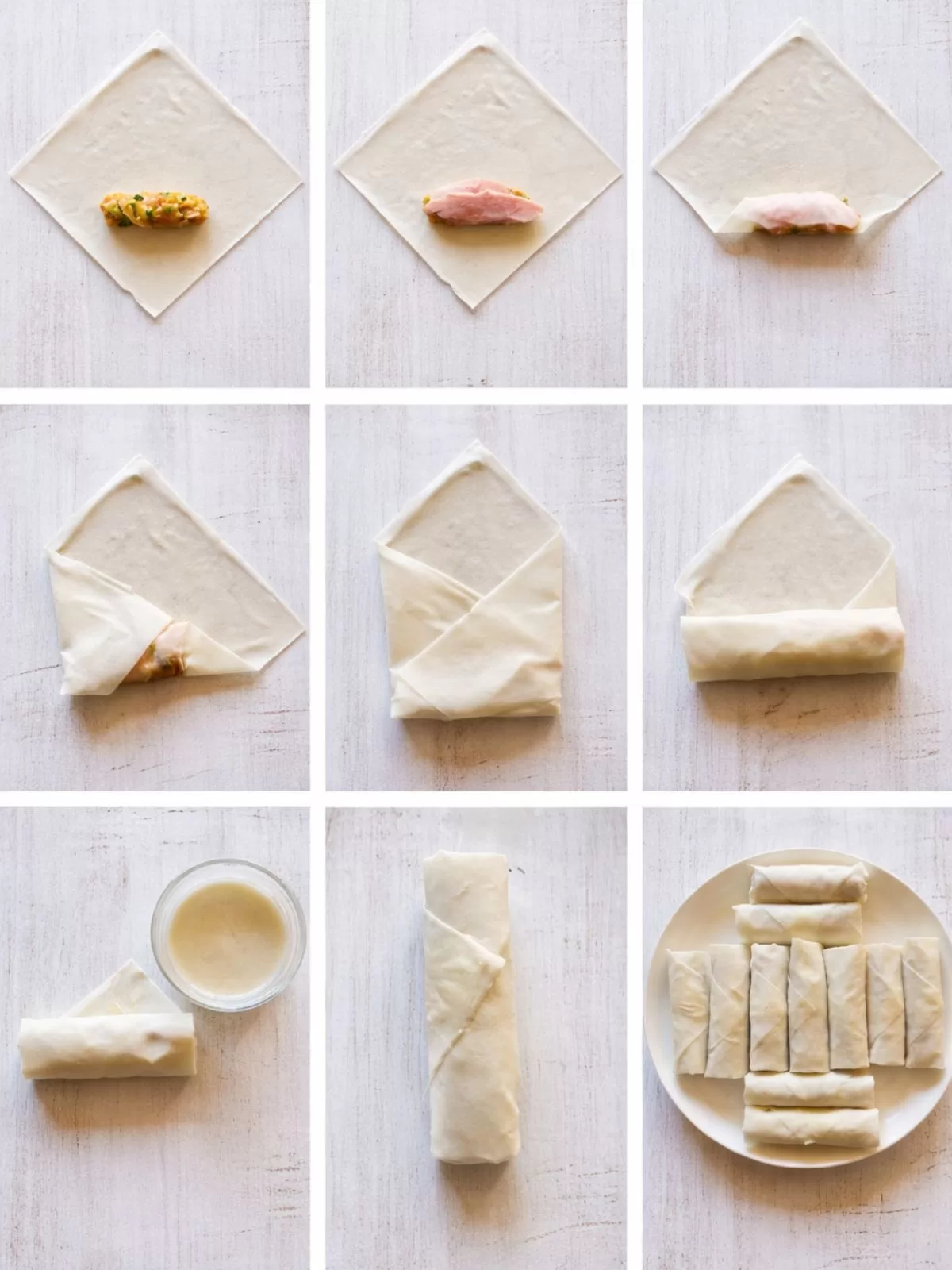 Step-by-step collage showing how to roll spring rolls on a white timber surface, from filling the wrapper to folding and sealing, ending with a plate of neatly rolled spring rolls.