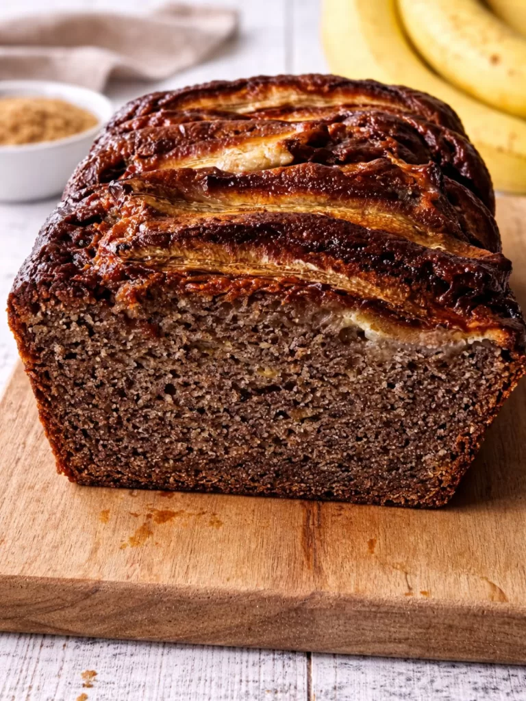 Close-up of moist banana bread with caramelised banana on top, showing the soft crumb texture, sitting on a wooden board over a white timber table with blurred bananas and brown sugar in the background.