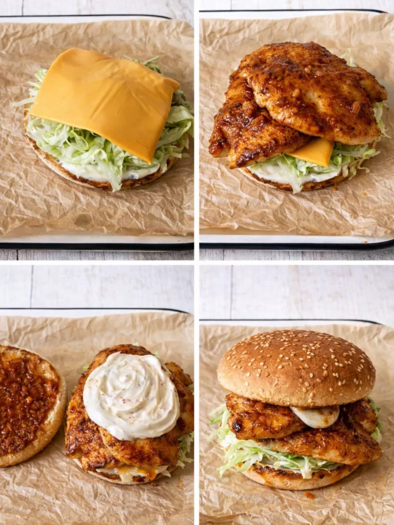 Step-by-step collage showing how to assemble a peri peri chicken burger, layering lettuce and cheese, adding grilled chicken and sauce, then topping with a sesame bun on a white timber surface.