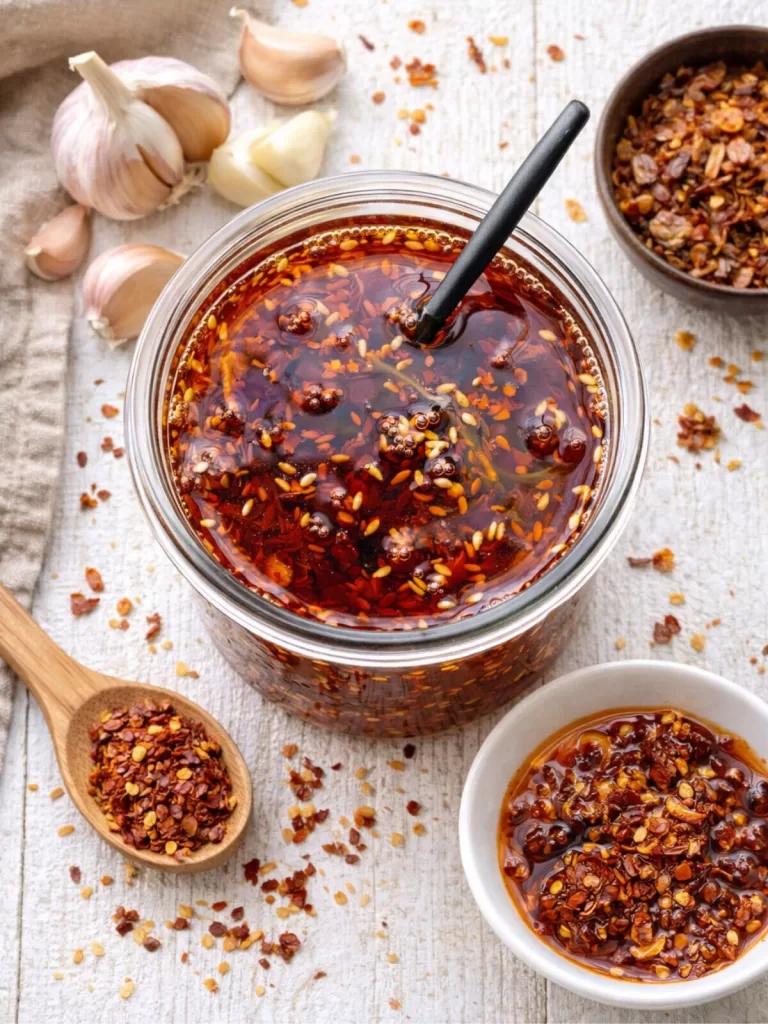 Close-up of a jar of chilli garlic crisp oil filled with red chilli flakes, garlic and sesame seeds in rich red oil, styled on a white timber surface with scattered chilli flakes, garlic cloves, crispy shallots and a small bowl of chilli oil in bright natural light.