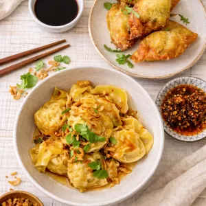 Overhead flat lay of pork and prawn wontons coated in sauce and topped with fried shallots and coriander, served with crispy dumplings and small bowls of soy sauce and chili oil on a white timber background.