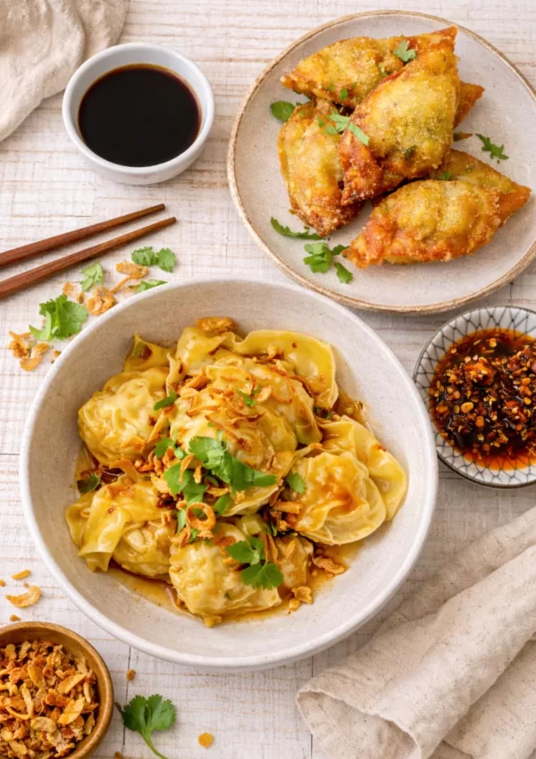 Overhead flat lay of pork and prawn wontons coated in sauce and topped with fried shallots and coriander, served with crispy dumplings and small bowls of soy sauce and chili oil on a white timber background.
