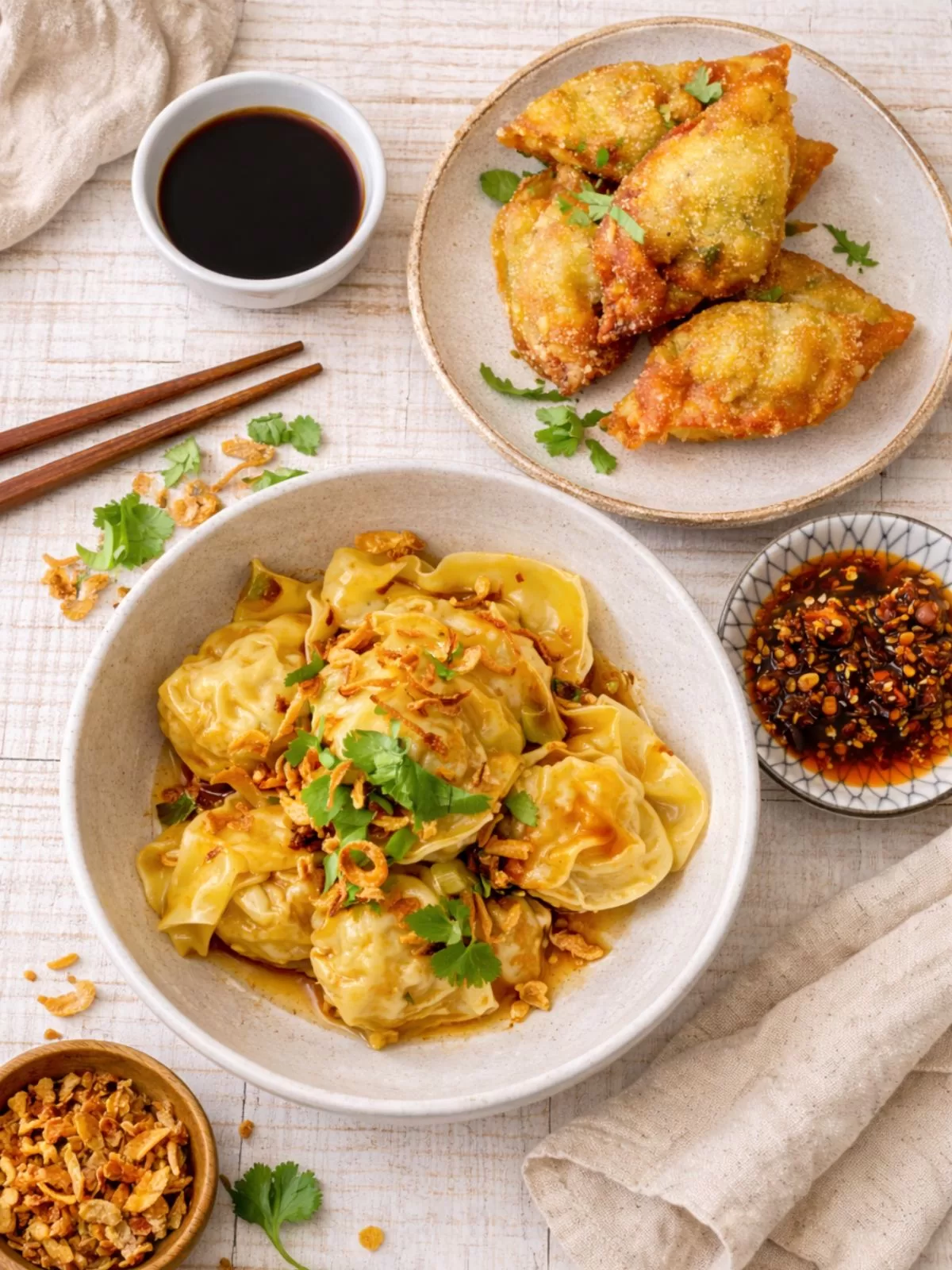 Overhead flat lay of pork and prawn wontons coated in sauce and topped with fried shallots and coriander, served with crispy dumplings and small bowls of soy sauce and chili oil on a white timber background.