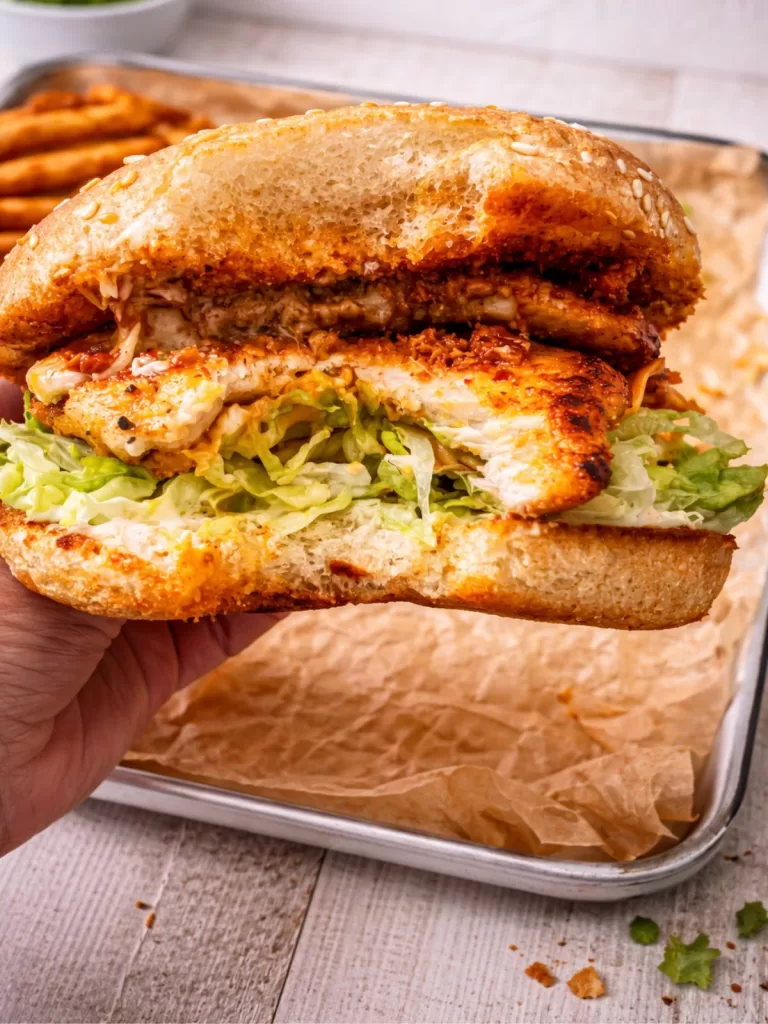 Close-up of a bitten Portuguese chicken burger with juicy grilled chicken, lettuce and sauce in a toasted sesame bun, held over a tray on a white timber surface.