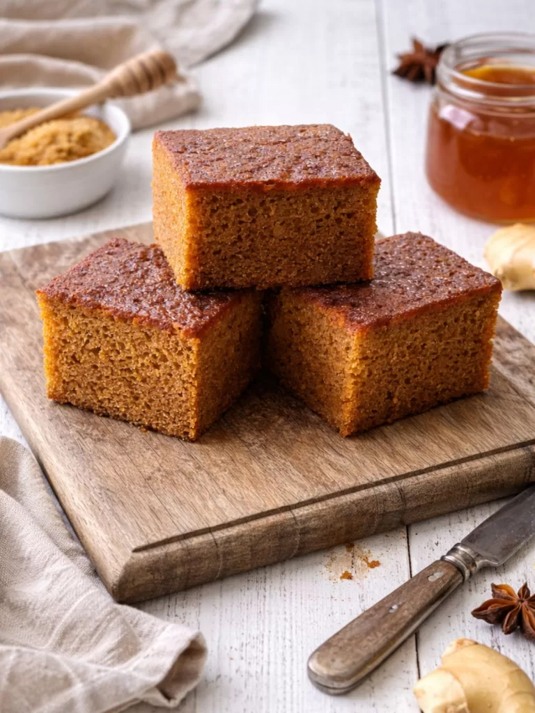 Sticky ginger cake cut into thick squares on a rustic wooden board, set on a white timber table with a jar of honey, brown sugar, fresh ginger and a linen cloth in the background.
