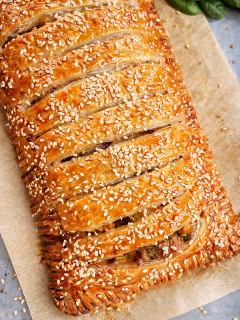 Close up of golden puff pastry jalousie topped with sesame seeds, baked until crisp and glossy, resting on baking paper on a tray.