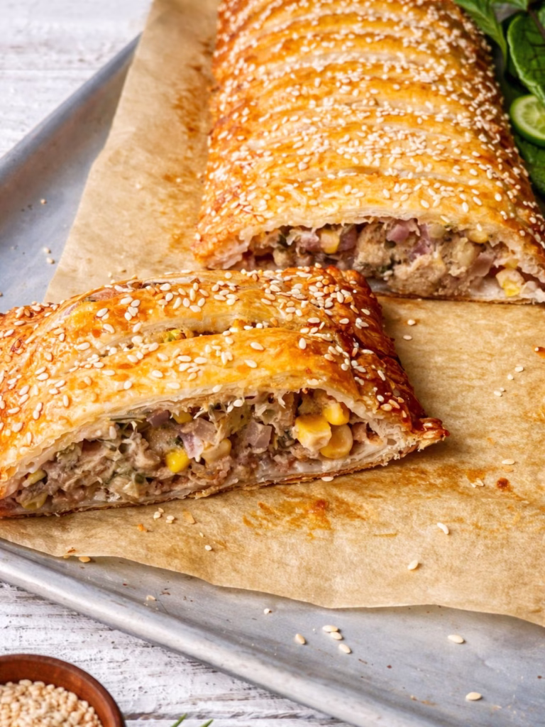 Close up of golden sesame topped puff pastry jalousie sliced open to show a tuna, corn, and onion filling, resting on baking paper on a tray with fresh salad on the side.